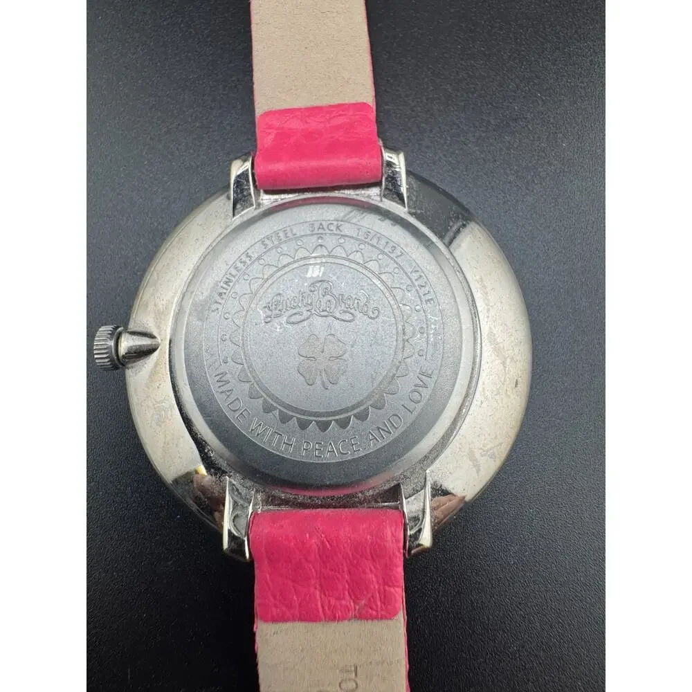 NEW LUCKY BRAND SHINY SILVER TONE,PINK LEATHER BACKING BAND,HEART DIAL WATCH